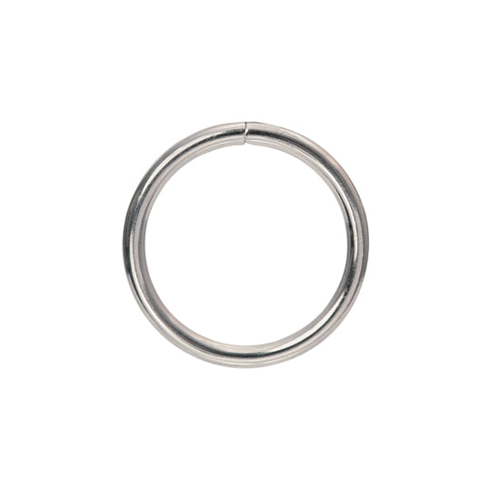 A polished silver metal ring shown on a plain white background.