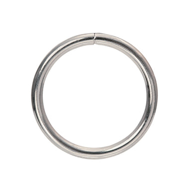 A polished silver metal ring with a smooth, reflective finish, isolated on a solid white background.