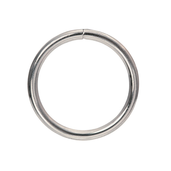 A polished silver metal ring with a smooth, reflective finish, isolated on a solid white background.