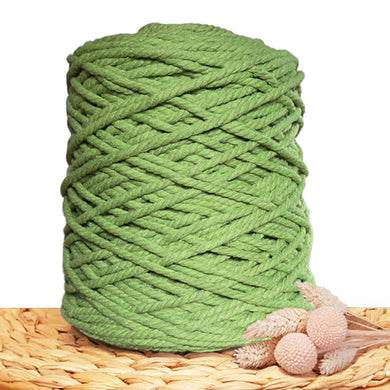 A roll of Apple Green Recycled Cotton 3ply Macrame Cord against a white background