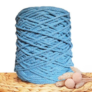 A large spool of thick 3ply cotton cord in a dusty light blue color, styled on a woven straw mat with dried pink flowers against a white background.