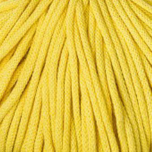 A close-up of canary yellow braided cord or rope filling the frame, showing the texture and color of the material.