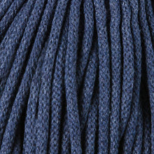 A close-up of thick braided cord in a denim blue color, showing the detailed texture of the weave.