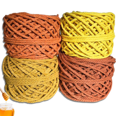 Four 5mm rope bundles in orange, yellow, and mustard tones arranged in a 2x2 grid on a white background, with a small honey jar and dipper visible in the lower left corner.
