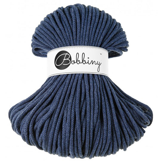 Denim blue 5mm braided cord with a Bobbiny label on a white background