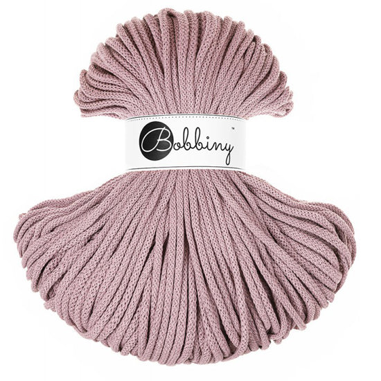 A skein of mauve braided cord with a white paper label in the center that reads 'Bobbiny'.