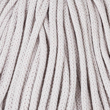 A close-up of thick, braided cord  in a light gray color, showing the detailed texture of the weave.