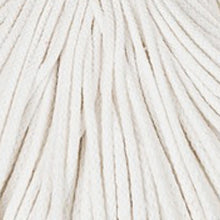 A close-up of thick, off-white cotton cord or rope strands arranged in parallel vertical lines.