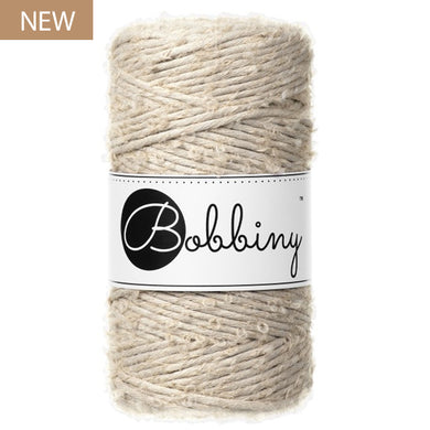 New Bobbiny 3mm Beige Boucle Cord 100m in a warm neutral shade, with Bobbiny label and NEW product badge.