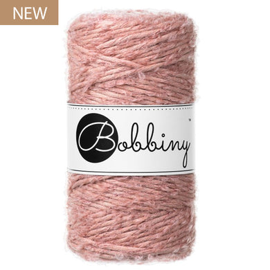 New Bobbiny 3mm Blush Boucle Cord 100m in a soft dusty pink shade, with Bobbiny label and NEW product badge.