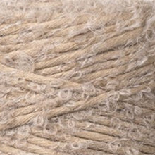 Close-up of Bobbiny 3mm Sand Boucle Cord showing soft, textured cotton and alpaca wool fibres in a natural sandy beige shade.