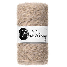 Bobbiny 3mm Sand Boucle Cord 100m made with cotton and Peruvian alpaca wool, shown on a white background.