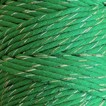 Close-up of Bobbiny 3mm Shiny Jade Green Macrame Cord showing the single twist cotton fibres and metallic gold and silver threads