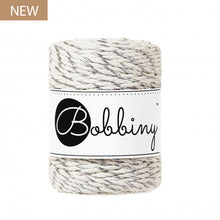 Close-up of Bobbiny 3mm Silver Twist 3PLY Macrame Rope showing twisted cotton strands with shimmering silver metallic yarn