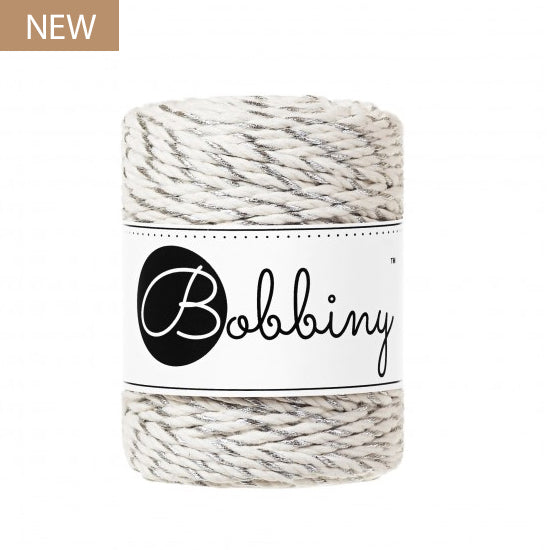 Close-up of Bobbiny 3mm Silver Twist 3PLY Macrame Rope showing twisted cotton strands with shimmering silver metallic yarn