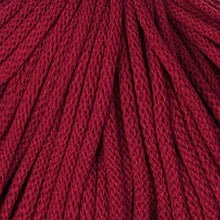 Close-up of Bobbiny 5mm Red Velvet Braided Cord showing the rich crimson colour and recycled cotton texture